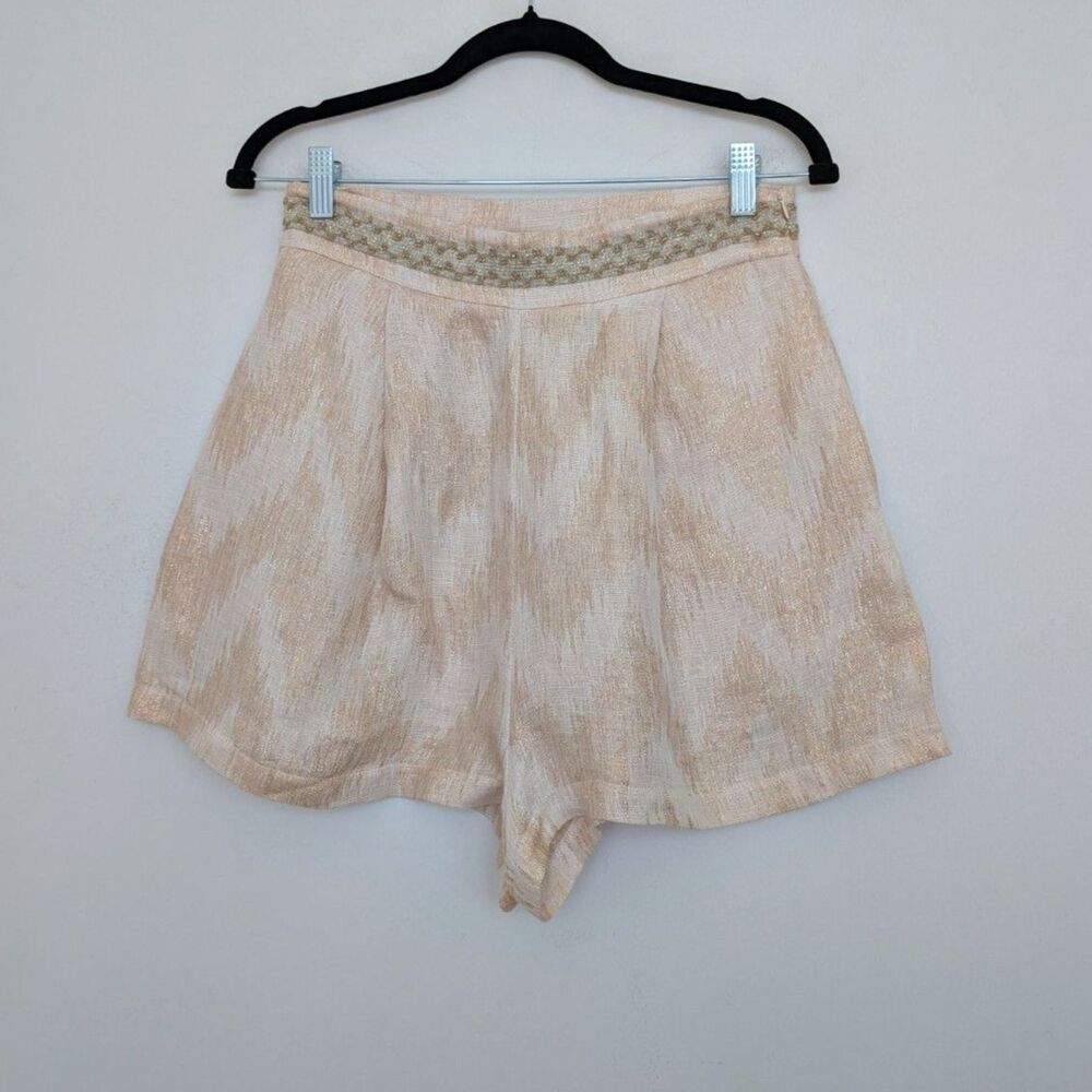 PHO Firenze Linen Blend Chevron Metallic Belt Embroidery High Rise Shorts Sz M